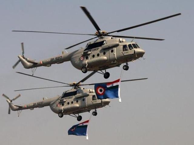 Two MI 17 helicopters of the air force fly-by during the rehearsals conducted before the 83rd anniversary of the Indian Air Force. (Twitter)