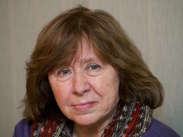Belarus writer Svetlana Alexievitch poses as she visits a Ukrainian embasy in Minsk. (AFP) Belarus writer Svetlana Alexievitch poses as she visits a Ukrainian embasy in Minsk. (AFP)