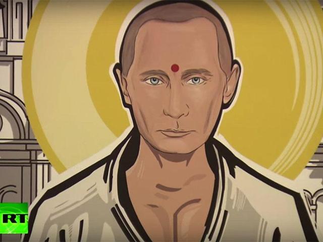 Russian President Vladimir Putin as the Buddha in the “Putin Universe” exhibition in Moscow. (Youtube Grab)