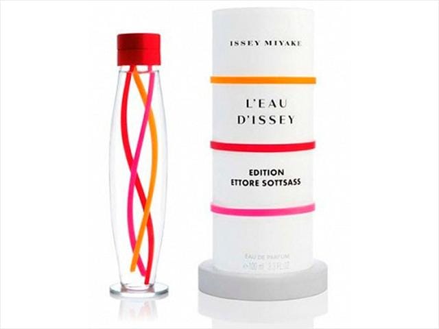 Ettore Sottsass for Eau d’Issey by Issey Miyake: Italian designer Ettore Sottsass designed this bottle as a thin glass transparent vial in which three strands of pink, orange and yellow plastic have been set. (AFP)