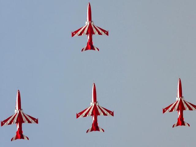 IAF planes fly-past during the full dress rehearsal for the Air Force Day function at Air Force Station, Hindon, in Ghaziabad. (PTI Photo)
