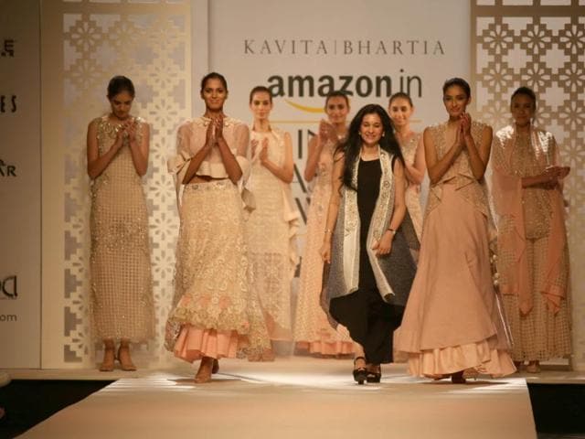 Fashion designer Kavita Bhartia with models. (IANS) Fashion designer Kavita Bhartia with models. (IANS)