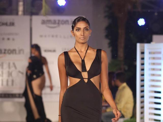 Sexy yet classy resort look by Shivan and Narresh during the Amazon India Fashion Week . (IANS) Sexy yet classy resort look by Shivan and Narresh during the Amazon India Fashion Week . (IANS)