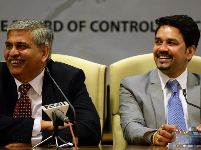BCCI treasurer Anirudh Chaudhry, right, and secretary Anurag Thakur, centre, look on as new president Shashank Manohar speaks after taking charge at the Indian cricket board's headquarters at the Wankhede stadium in Mumbai, on October 4, 2015. (AFP Photo) BCCI treasurer Anirudh Chaudhry, right, and secretary Anurag Thakur, centre, look on as new president Shashank Manohar speaks after taking charge at the Indian cricket board's headquarters at the Wankhede stadium in Mumbai, on October 4, 2015. (AFP Photo)