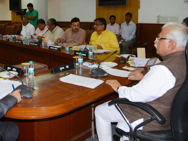 Haryana chief minister Manohar Lal Khattar presding over a meeting of the state cabinet in Chandigarh on Thursday. (HT Photo) Haryana chief minister Manohar Lal Khattar presding over a meeting of the state cabinet in Chandigarh on Thursday. (HT Photo)