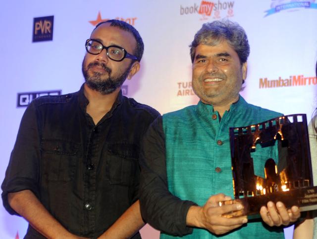 Filmmakers Dibarkar Banerjee and Vishal Bhardwaj pose at the launch of the Jio MAMI Mumbai Film Festival in Mumbai. (AFP)