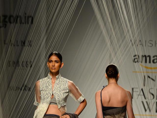 High collar-jacket by Indian fashion designer Vaishali S during the Amazon India Fashion Week. (AFP) High collar-jacket by Indian fashion designer Vaishali S during the Amazon India Fashion Week. (AFP)