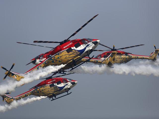 Indian Air Force ’Sarang’ helicopters perform during the full-dress rehearsal for Indian Air Force Day at the Hindon air force station, on the outskirts of New Delhi. The Indian Air Force celebrated its 83rd anniversary on October 8. (Reuters Photo)