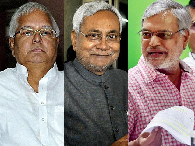 Combination photo of Lalu Prasad of RJD, Nitish Kumar of JD(U) and CP Joshi of Congress. RJD, JD(U) and Congress, who are part of a Grand Alliance for the Bihar polls. Two pre-poll surveys have given the Kumar-led alliance a comfortable lead in next week’s elections.(Agencies Photo)