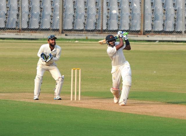 Shreyas Iyer of Mumbai plays a shot during his unbeaten knock of 61 against Punjab at Wankhede Stadium in Mumbai on Friday. (Prakash Parsekar)