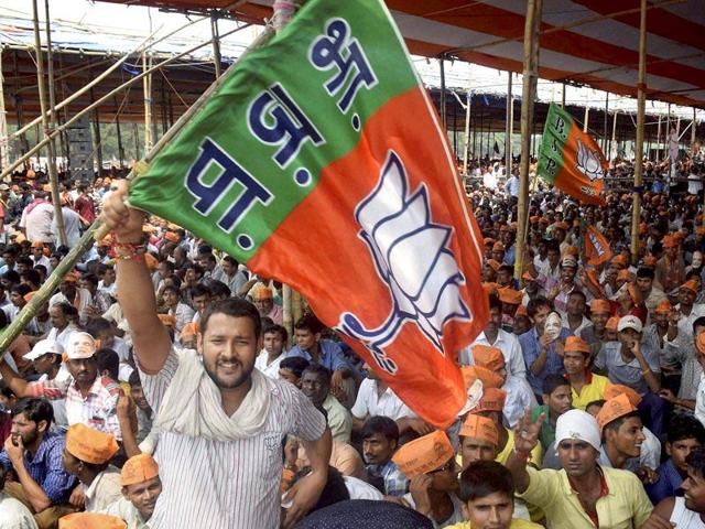 A BJP supporter waves a party flag at NDA's Parivartan Rally in Bhagalpur. (PTI Photo)