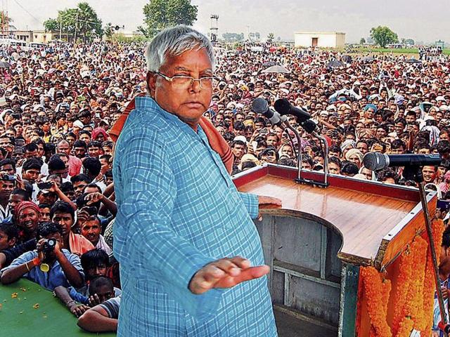 RJD chief Lalu Prasad addresses an election rally in Lakhisarai, Bihar. (PTI)