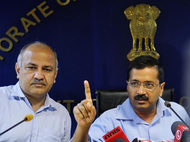 Delhi Chief Minister Arvind Kejriwal along with deputy CM Manish Sisodia announcing that he has sacked minister of food and Civil supply, environment and forest, minority affairs and elections, Asim Ahmed Khan, on corruption charges, at Delhi Secretariat, in New Delhi, India, on Friday, October 9, 2015. (Sushil Kumar / Hindustan Times) Delhi Chief Minister Arvind Kejriwal along with deputy CM Manish Sisodia announcing that he has sacked minister of food and Civil supply, environment and forest, minority affairs and elections, Asim Ahmed Khan, on corruption charges, at Delhi Secretariat, in New Delhi, India, on Friday, October 9, 2015. (Sushil Kumar / Hindustan Times)