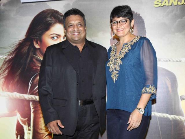 Filmmaker Sanjay Gupta with his wife Anuradha Gupta during the special screening of film Jazbaa. (IANS)