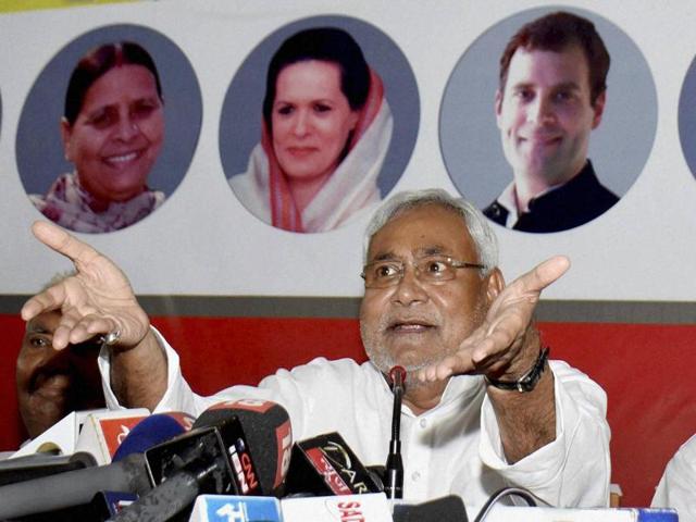 Bihar chief minister Nitish Kumar addresses a press conference after releasing his party candidate list in Patna. (PTI)