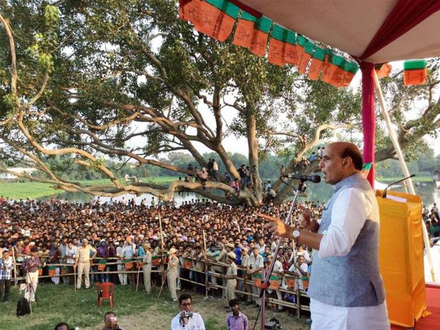 Home minister Rajnath Singh during an election campaign rally at Rosera in Bihar. (PTI)