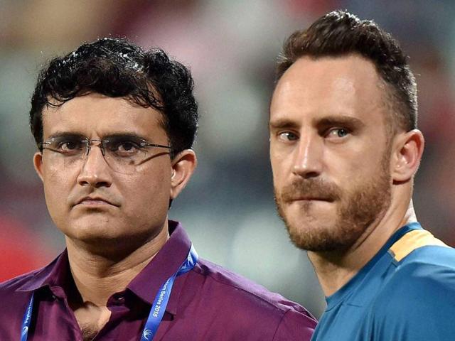 Sourav Ganguly and Du Plessis at the Eden Garden in Kolkata on Thursday. (PTI) Sourav Ganguly and Du Plessis at the Eden Garden in Kolkata on Thursday. (PTI)