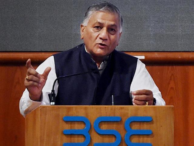 Minister of state for external affairs V K Singh addresses the gathering during a felicitation ceremony at BSE in Mumbai on Friday. (PTI) Minister of state for external affairs V K Singh addresses the gathering during a felicitation ceremony at BSE in Mumbai on Friday. (PTI)