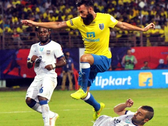 Kerala Blasters FC ( Yellow) and Mumbai FC players in action during a Indian Super League (ISL) match. (PTI) Kerala Blasters FC ( Yellow) and Mumbai FC players in action during a Indian Super League (ISL) match. (PTI)