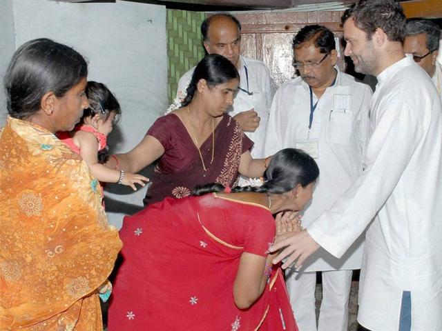 Congress vice-president Rahul Gandhi meeting with the families of farmers who committed suicide due to their crop failure, in Mandya district on Friday. (PTI Photo) Congress vice-president Rahul Gandhi meeting with the families of farmers who committed suicide due to their crop failure, in Mandya district on Friday. (PTI Photo)