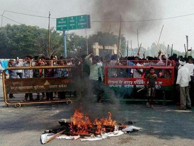 Villagers vandalise properties and resort to arson in Mainpuri district over rumours of cow slaughter in the area. (PTI) Villagers vandalise properties and resort to arson in Mainpuri district over rumours of cow slaughter in the area. (PTI)