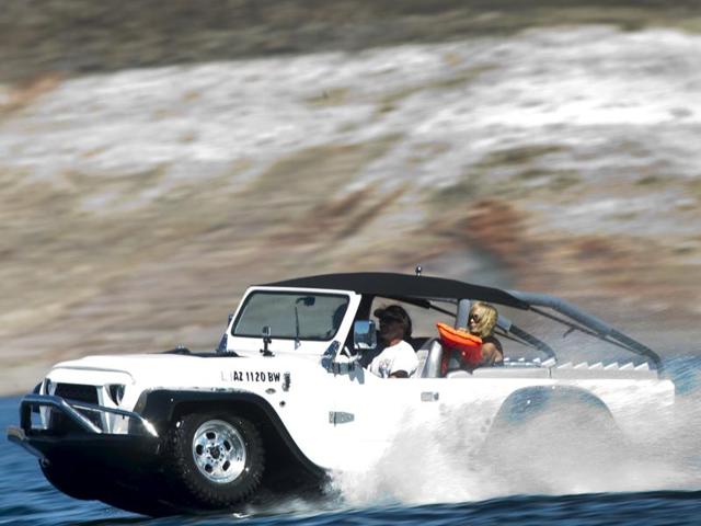 A Panther WaterCar at the show. These cars can reach speeds of 70 kmph on the water. (REUTERS)