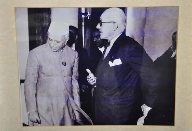The architect with Jawaharlal Nenru in a picture displayed at the Le Corbusier Centre. (HT Photo)