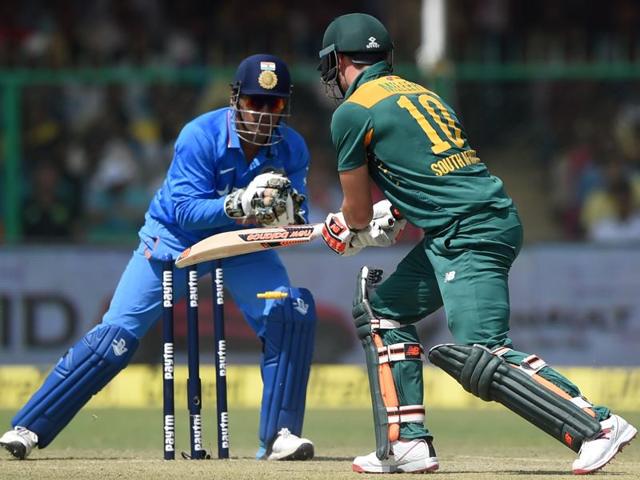 Dhoni stumps South Africa's David Miller off the bowling of Amit Mishra. (AFP Photo)