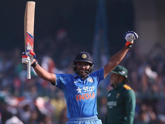 Rohit Sharma celebrates after completing his century in the first ODI against South Africa at Green Park Stadium in Kanpur, on October 11, 2015. (Reuters Photo)
