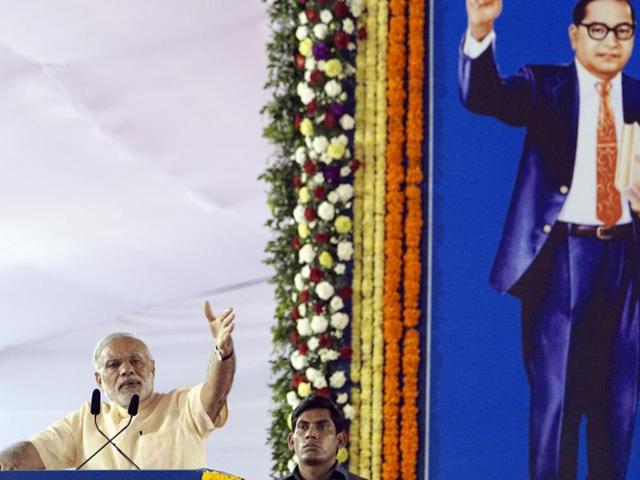 Prime Minister Narendra Modi pays respects to Babasaheb Ambedka in Mumbai on Sunday. (PTI) Prime Minister Narendra Modi pays respects to Babasaheb Ambedka in Mumbai on Sunday. (PTI)