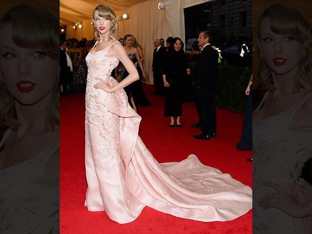 Taylor Swift in an Oscar de la Renta gown which is currently on display at the Savannah College of Art and Design. (AP)