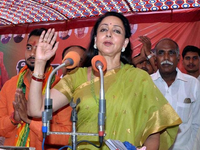 Bollywood actor and BJP MP Hema Malini during a campaign in support of a BJP candiadte for Panchayat elections in Mathura. (PTI)