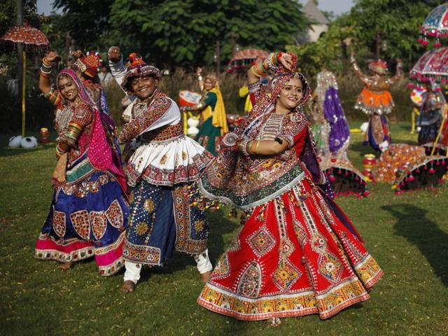 A dance troupe practices Garba ahead of Navratri in Ahmadabad. (AP)