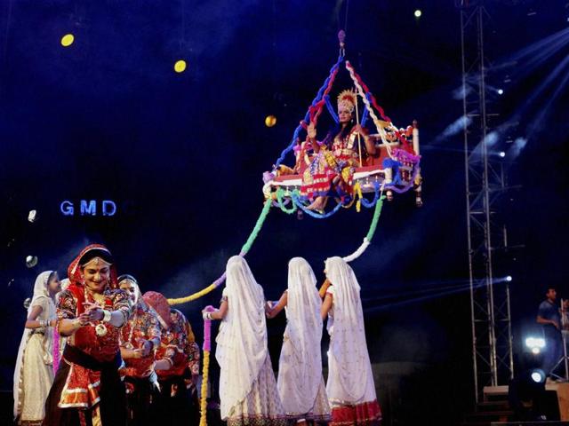 Garba artists rehearse ahead of Navratri festival in Ahmedabad. (PTI)