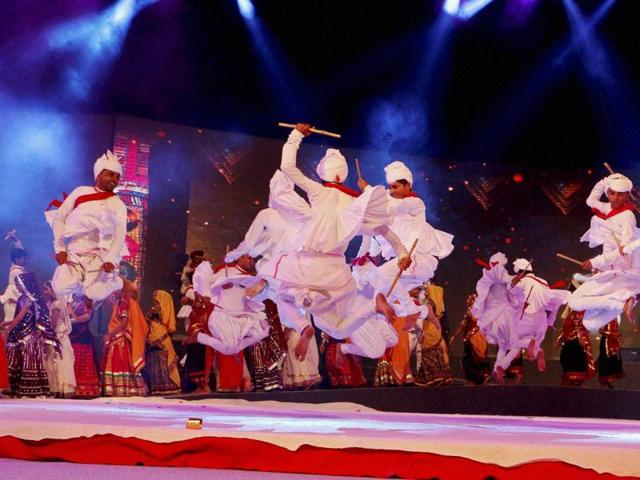 Dancers practice Garba ahead of Navratri festival in Ahmedabad. (PTI)