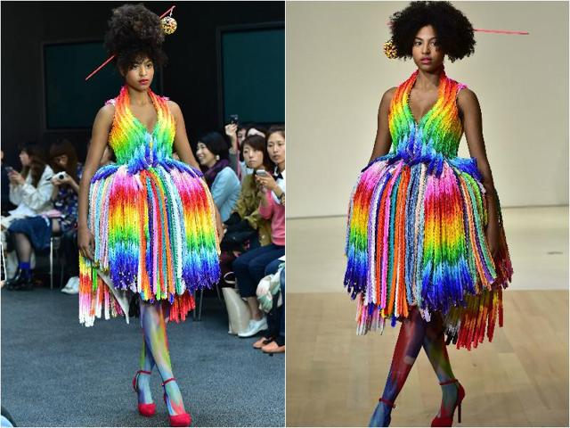 A model displays a dress made from thousands of folded paper cranes, which were obtained from a memorial monument for young victims at Hiroshima’s Peace Memorial Park, during Japanese designer Takafumi Tsuruta’s “tenbo” 2016 spring/summer collection show in Tokyo . A model displays a dress made from thousands of folded paper cranes, which were obtained from a memorial monument for young victims at Hiroshima’s Peace Memorial Park, during Japanese designer Takafumi Tsuruta’s “tenbo” 2016 spring/summer collection show in Tokyo .