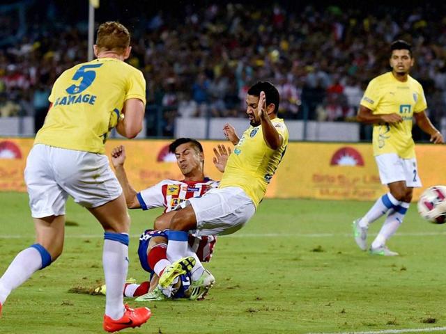 Arata Izumi of Atletico de Kolkata kicks to score a goal for his team during ISL Match against Kerala Blasters FC at Salt lake stadium in Kolkata. (PTI) Arata Izumi of Atletico de Kolkata kicks to score a goal for his team during ISL Match against Kerala Blasters FC at Salt lake stadium in Kolkata. (PTI)