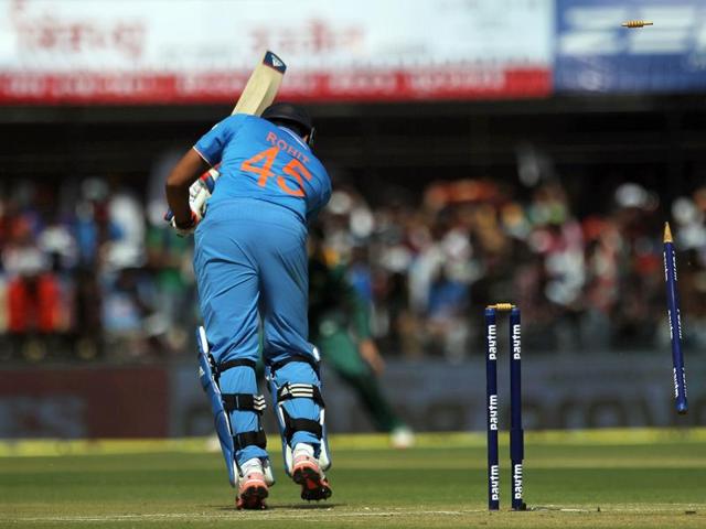 India’s Rohit sharma gets bowled out. (AP Photo)