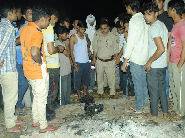 “The carcass of the animal was sent for testing and it was found to be of a dog. The miscreants had dumped the body and set it afire. They are being traced. The police will remain deployed till further orders,” a police spokesperson said. (HT photo) “The carcass of the animal was sent for testing and it was found to be of a dog. The miscreants had dumped the body and set it afire. They are being traced. The police will remain deployed till further orders,” a police spokesperson said. (HT photo)