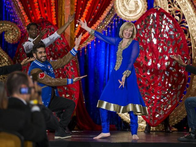 Laureen Harper, wife of Canada's Prime Minister and Conservative leader Stephen Harper, dances with actor Vinay Virmani (L) at a rally with the South Asian community in Brampton, Ontario. (REUTERS) Laureen Harper, wife of Canada's Prime Minister and Conservative leader Stephen Harper, dances with actor Vinay Virmani (L) at a rally with the South Asian community in Brampton, Ontario. (REUTERS)