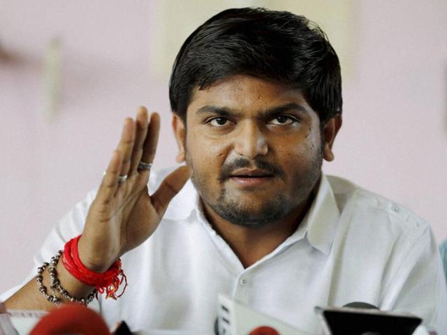 Patidar community leader Hardik Patel addresses a news conference at Adalaj , Gujarat.(PTI File Photo)