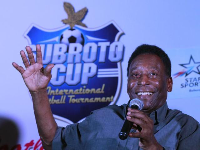 Pele during a press conference, in Gurgaon on Thursday. (Sanjeev verma/HT Photo)