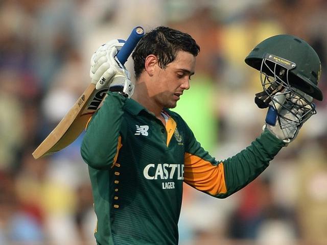 South Africa's Quinton de Kock celebrates after scoring a century during the first innings. (AFP Photo) South Africa's Quinton de Kock celebrates after scoring a century during the first innings. (AFP Photo)