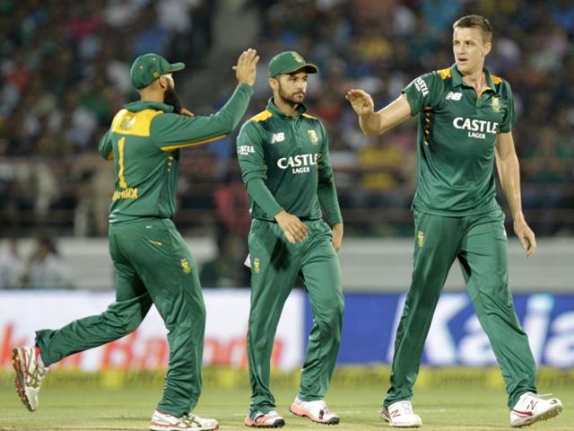 South Africa’s players celebrate a wicket during the third ODI against India at Saurashtra Cricket Association Stadium in Rajkot, Gujarat, on October 18, 2015. (Kunal Patil/HT Photo) South Africa’s players celebrate a wicket during the third ODI against India at Saurashtra Cricket Association Stadium in Rajkot, Gujarat, on October 18, 2015. (Kunal Patil/HT Photo)