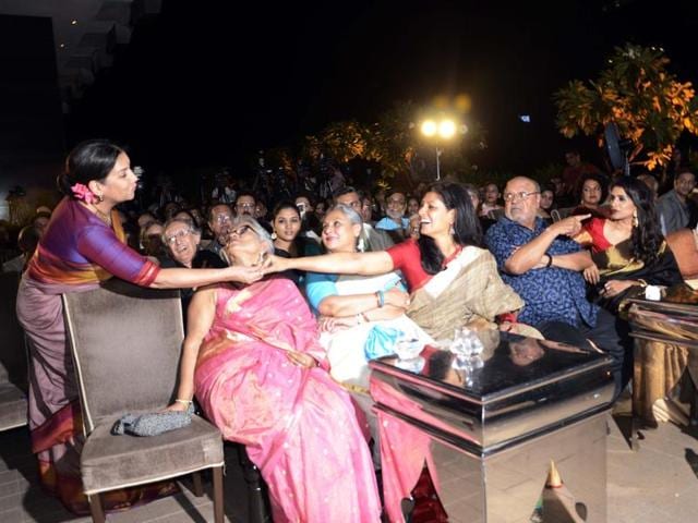 Jaya Bachchan, Nandita Das, Shabana Azmi and filmmaker Shyam Benegal at the launch of Maithili Rao's book on late actor Smita Patil. (IANS)