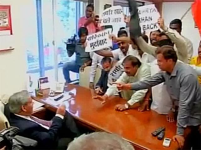 Shiv Sena workers storm the Mumbai-based BCCI HQ. (ANI Photo) Shiv Sena workers storm the Mumbai-based BCCI HQ. (ANI Photo)