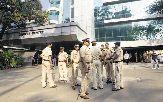 Police outside the Wankhede stadium in Mumbai on Monday. (Anshuman Poyrekar/HT photo)