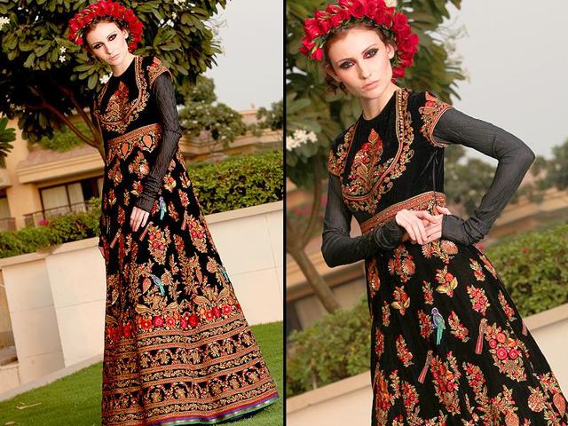 The intricate zardosi work and a bold play with hues makes this floor-length beauty a sight for sore eyes. (Styling: Shara Ashraf; Shoot: Aditi Caroli; Photos: Manoj Verma/ht; Models: Carolina, Ikra (Sky Model & Event Management); Makeup: Naina Arora; Floral accessories: DESIGNS BY ABHISHEK)