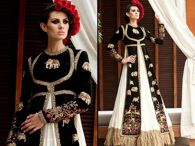 Classic monochromes with a dash of gold and a storyline made of animal motifs, and all the floral hues of Rohit Bal’s Gulbagh brings in romance and drama. (Styling: Shara Ashraf; Shoot: Aditi Caroli; Photos: Manoj Verma/ht; Models: Carolina, Ikra (Sky Model & Event Management); Makeup: Naina Arora; Floral accessories: DESIGNS BY ABHISHEK)