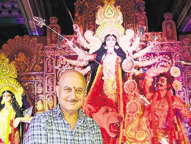 Actor Anupam Kher at the Sarbojanin Durga Puja in Mumbai on Tuesday.
